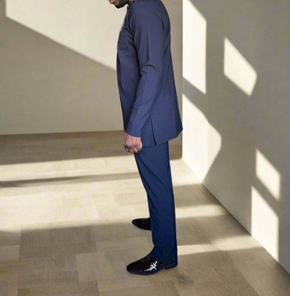 Navy Blue Classic Kaftan with Chest Pocket
