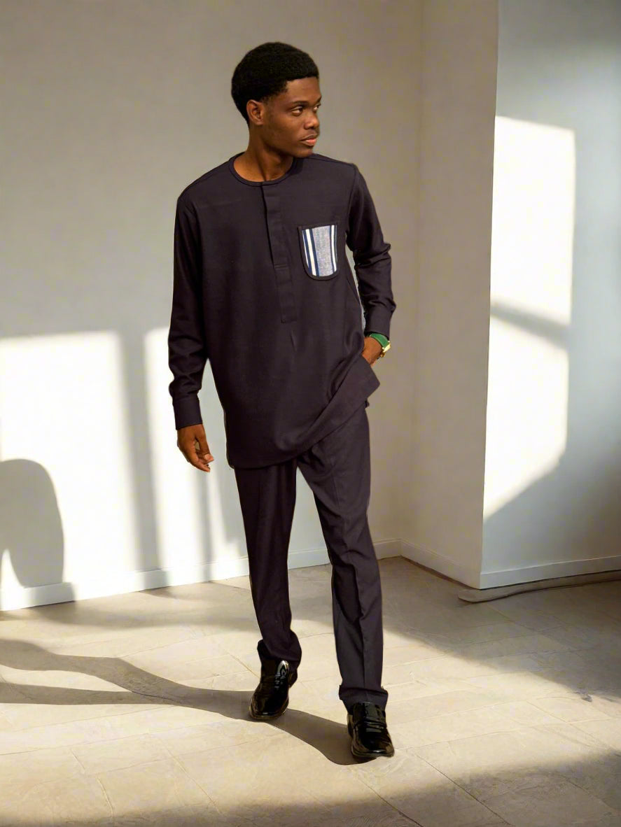 GD Elegance - Men's long sleeve Premium Navy Blue Kaftan with Embellished Details