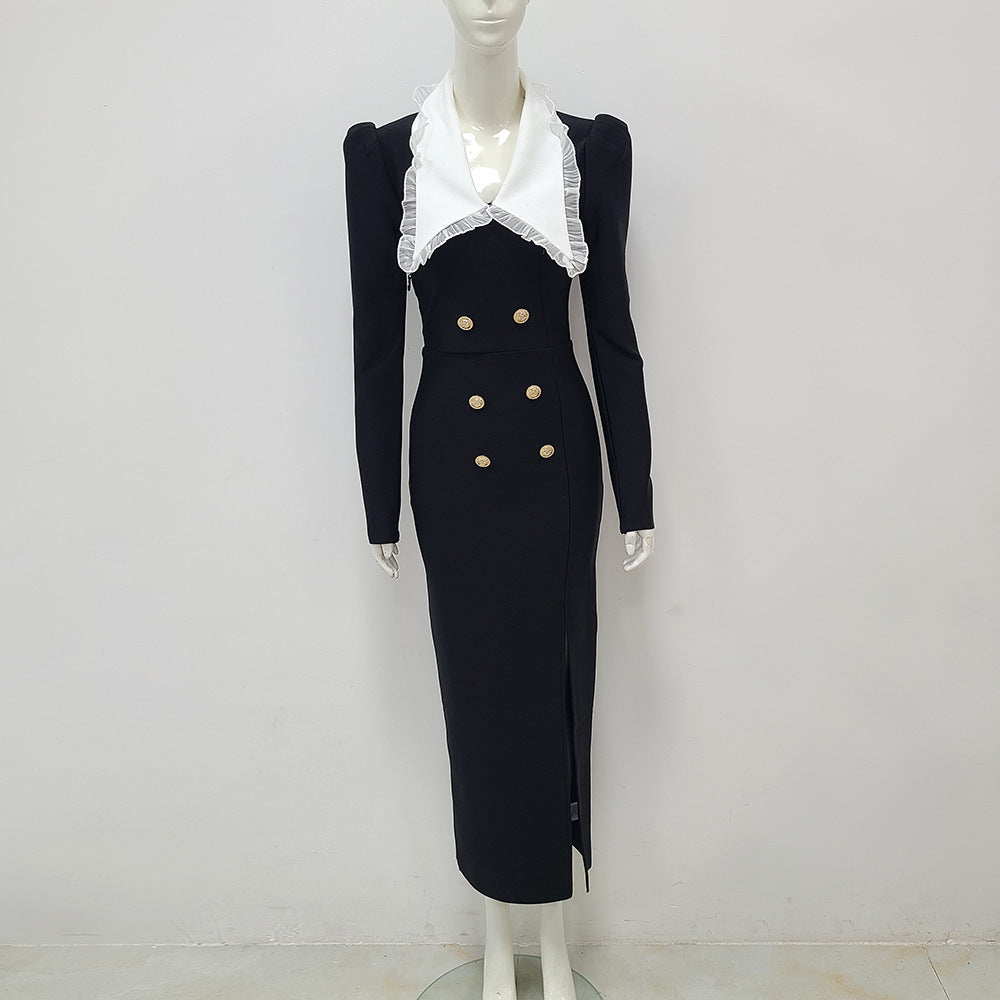Long Sleeve Lapel Bandage One-piece Dress