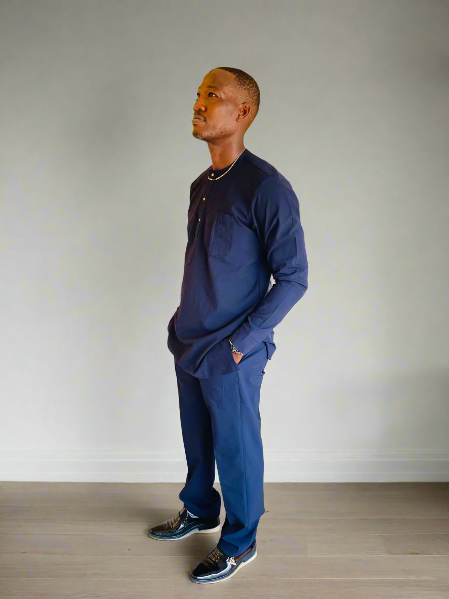GD Elegance - Men's Premium Navy Blue Kaftan with Embellished Details