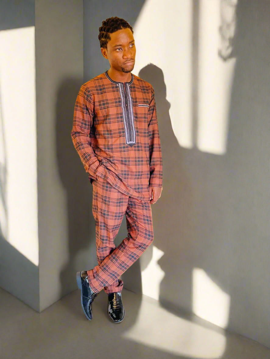 Men's Premium Brown Plaid Kaftan with Embroidered Accents