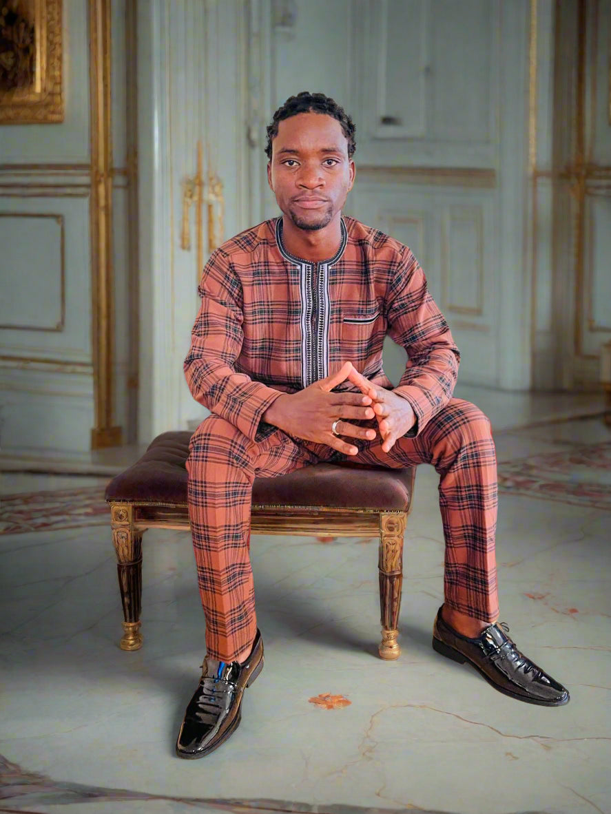 Men's Premium Brown Plaid Kaftan with Embroidered Accents