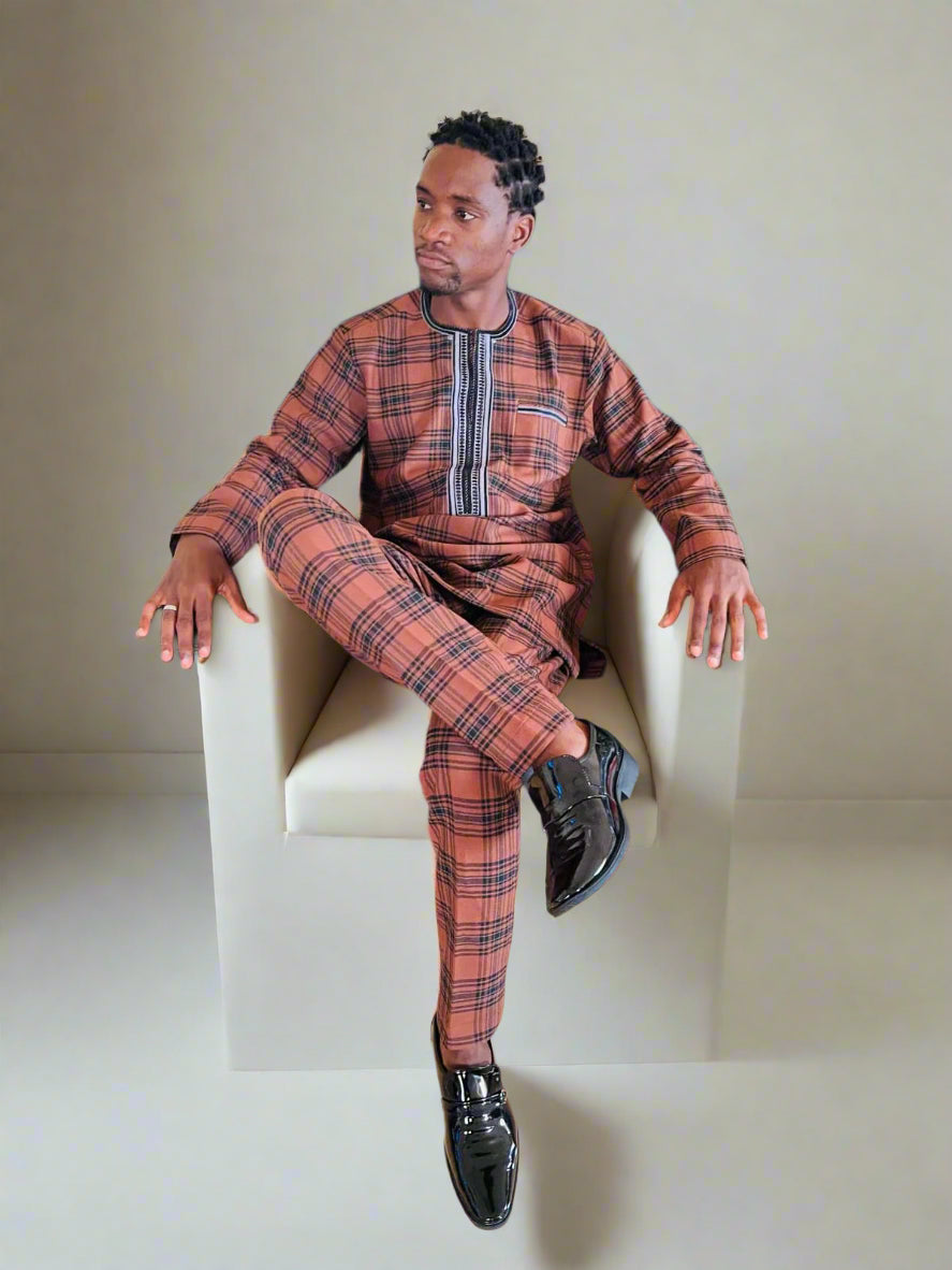 Men's Premium Brown Plaid Kaftan with Embroidered Accents