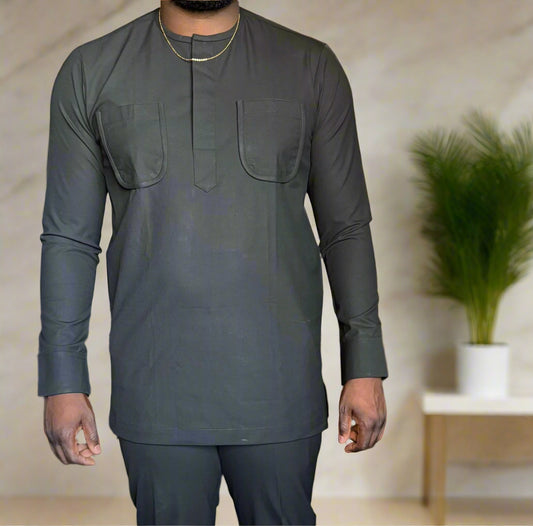 Men's Classic Black Kaftan with Dual Chest Pockets