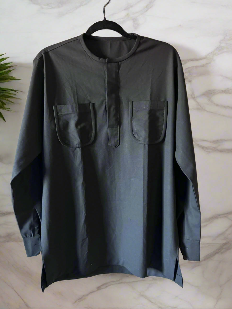 Men's Classic Black Kaftan with Dual Chest Pockets