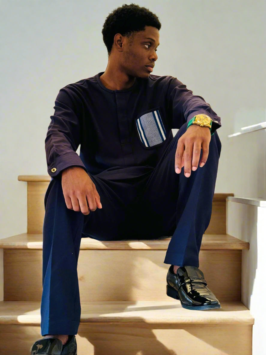 GD Elegance - Men's long sleeve Premium Navy Blue Kaftan with Embellished Details
