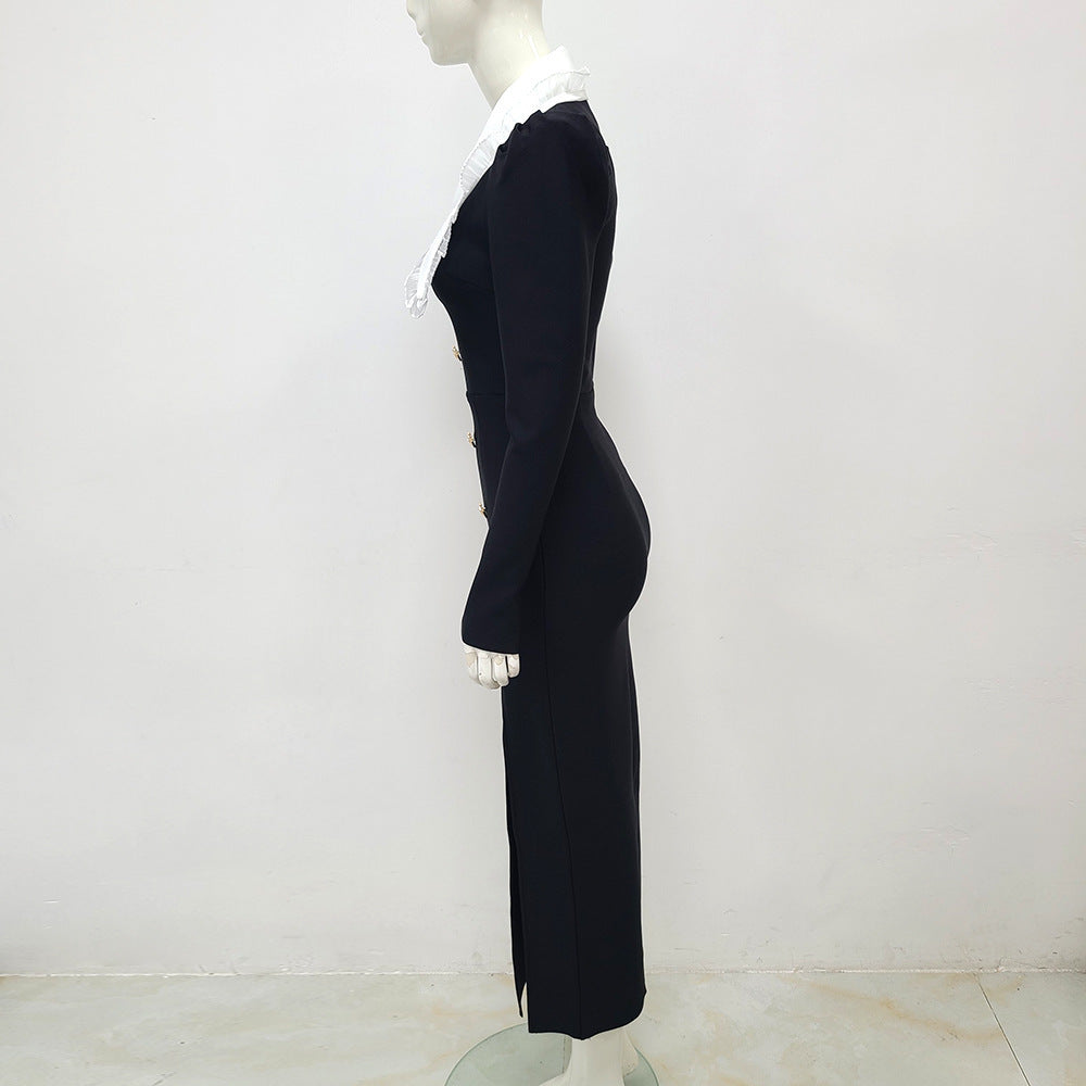 Long Sleeve Lapel Bandage One-piece Dress