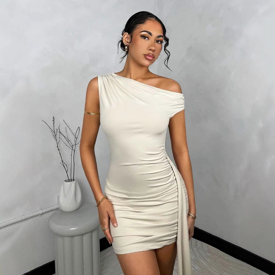 Women Tight Dress Asymmetric Frill Bandage