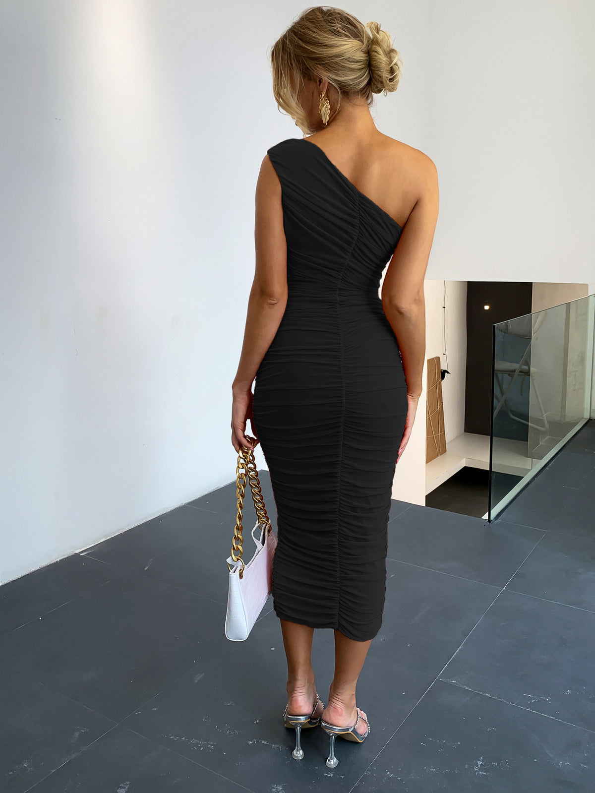 Multicolor Casual  Hip Skirt Slim-fit Oblique Shoulder Dress