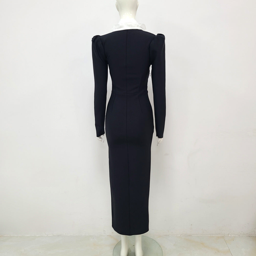 Long Sleeve Lapel Bandage One-piece Dress